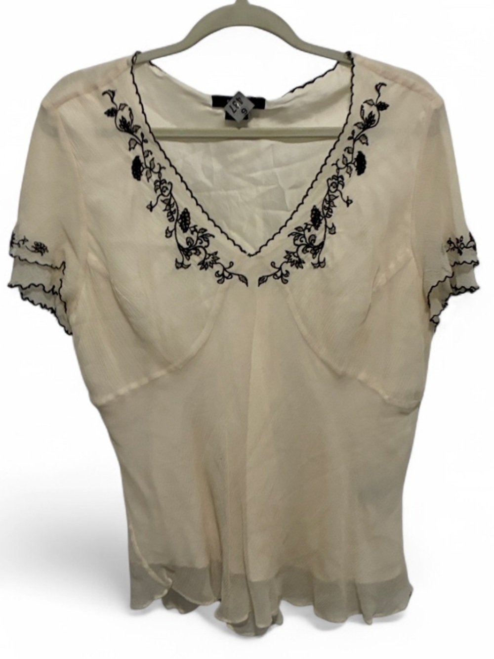 Y2K Silk Cream Short Sleeve Blouse with Black Embroidery